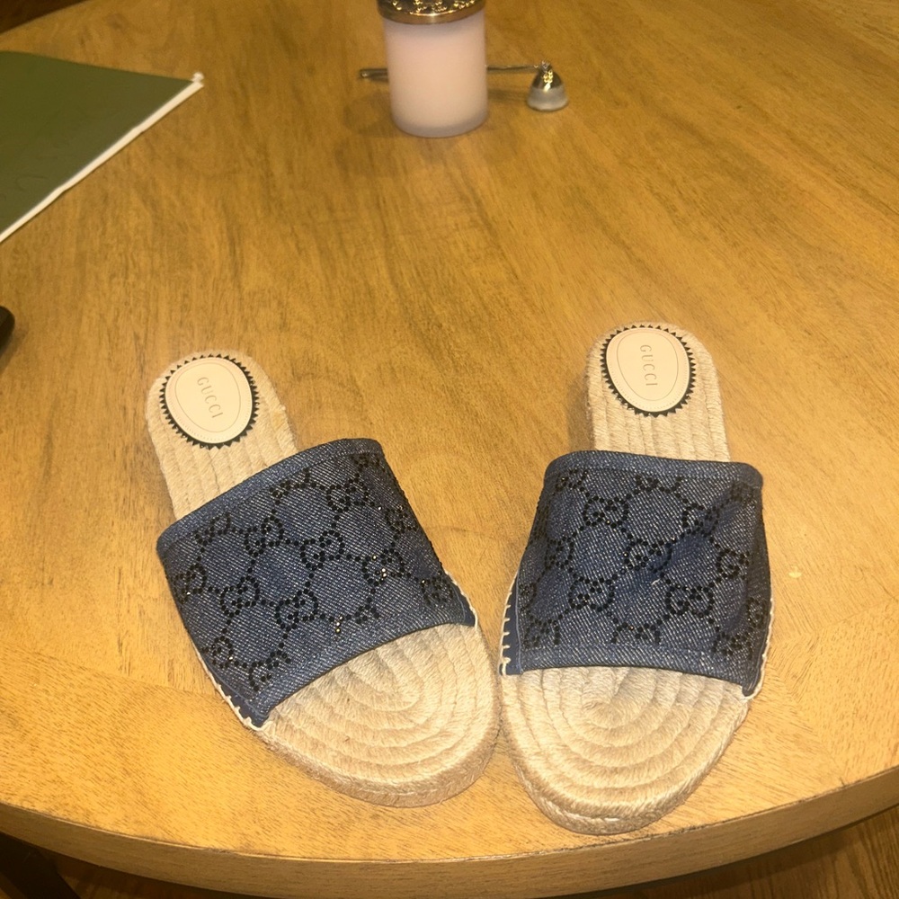 Gucci logo denim espadrille Sandal size 39.5 (pilar GG)